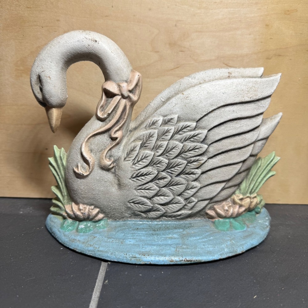 Vintage Cast Iron Swan Doorstop Pastel Painted Heavy Metal Decor Taiwan 7.5 Inch